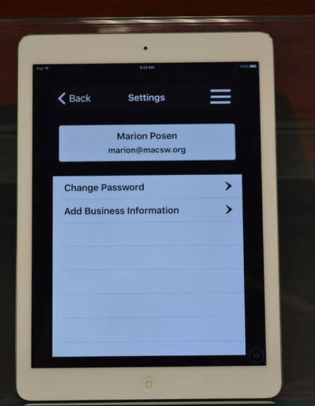 Settings page on app displayed on ipad